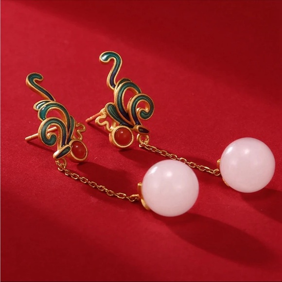 ENAMEL, CARNELIAN AND JADE DANGLE EARRINGS - Picture 2 of 6